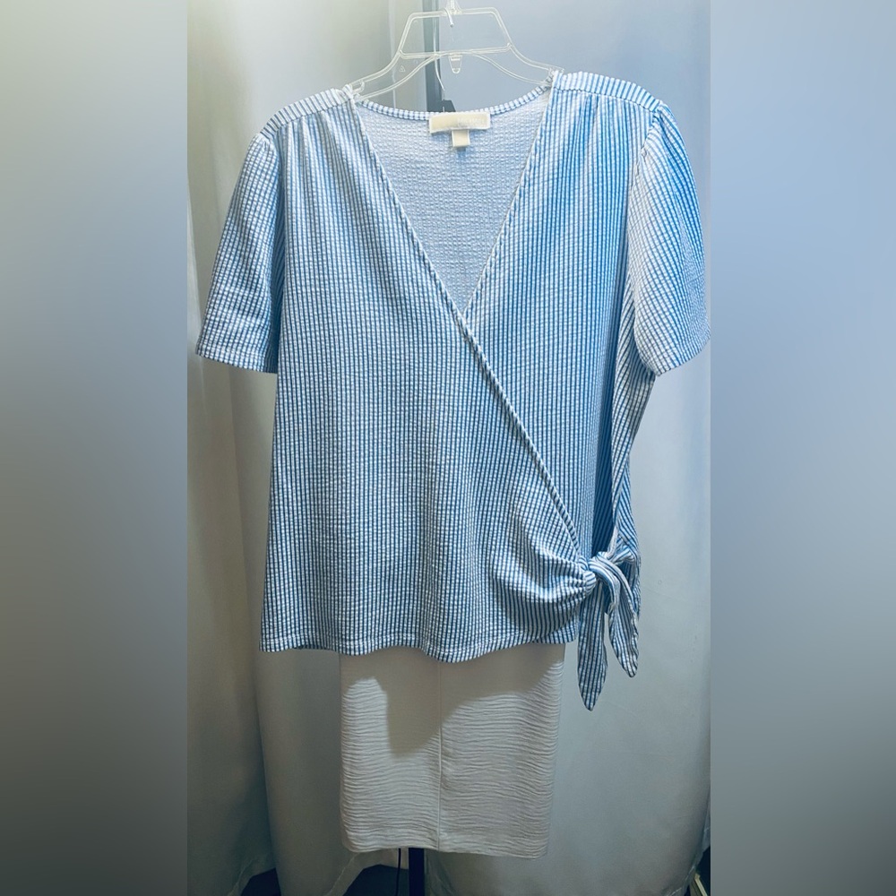 2 Piece Michael Kors Light Blue Striped Wrap Blouse With White Flowy Capris